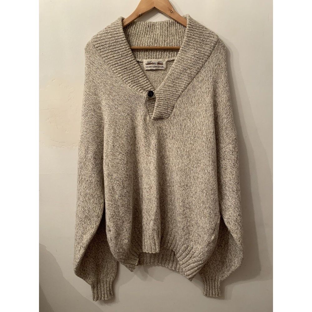 Vintage Oversized Sweater Ragg Wool Blend Northwoods Shawl Mens L Beige Ivory